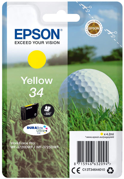 Epson Singlepack Yellow 34 4.2ml Amarillo cartucho de tinta - Cartucho de tinta para impresoras (Epson, Amarillo, WorkForce Pro WF-3725DWF, WorkForce Pro WF-3720DWF, Estándar, 4,2 ml