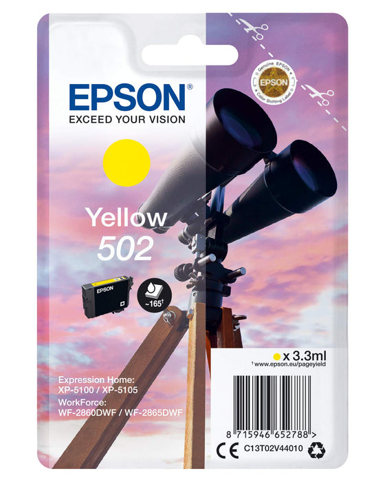 Epson Singlepack Yellow 502 Ink Cartridges (Original, Pigment Ink, Yellow, 1 Piece, Inkjet Print