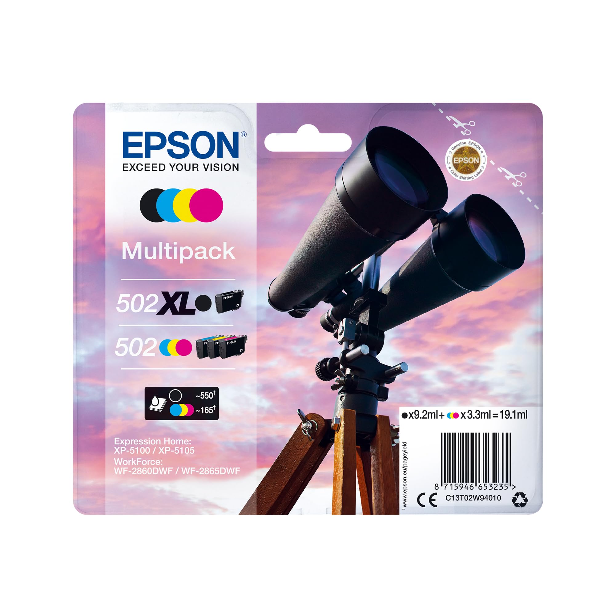Epson Multipack of 502XL Ink Cartridges with 4 Colours (Original, Pigment Ink, Black, Cyan, Magenta, Yellow, 4 Pieces, Ink Jet Printing