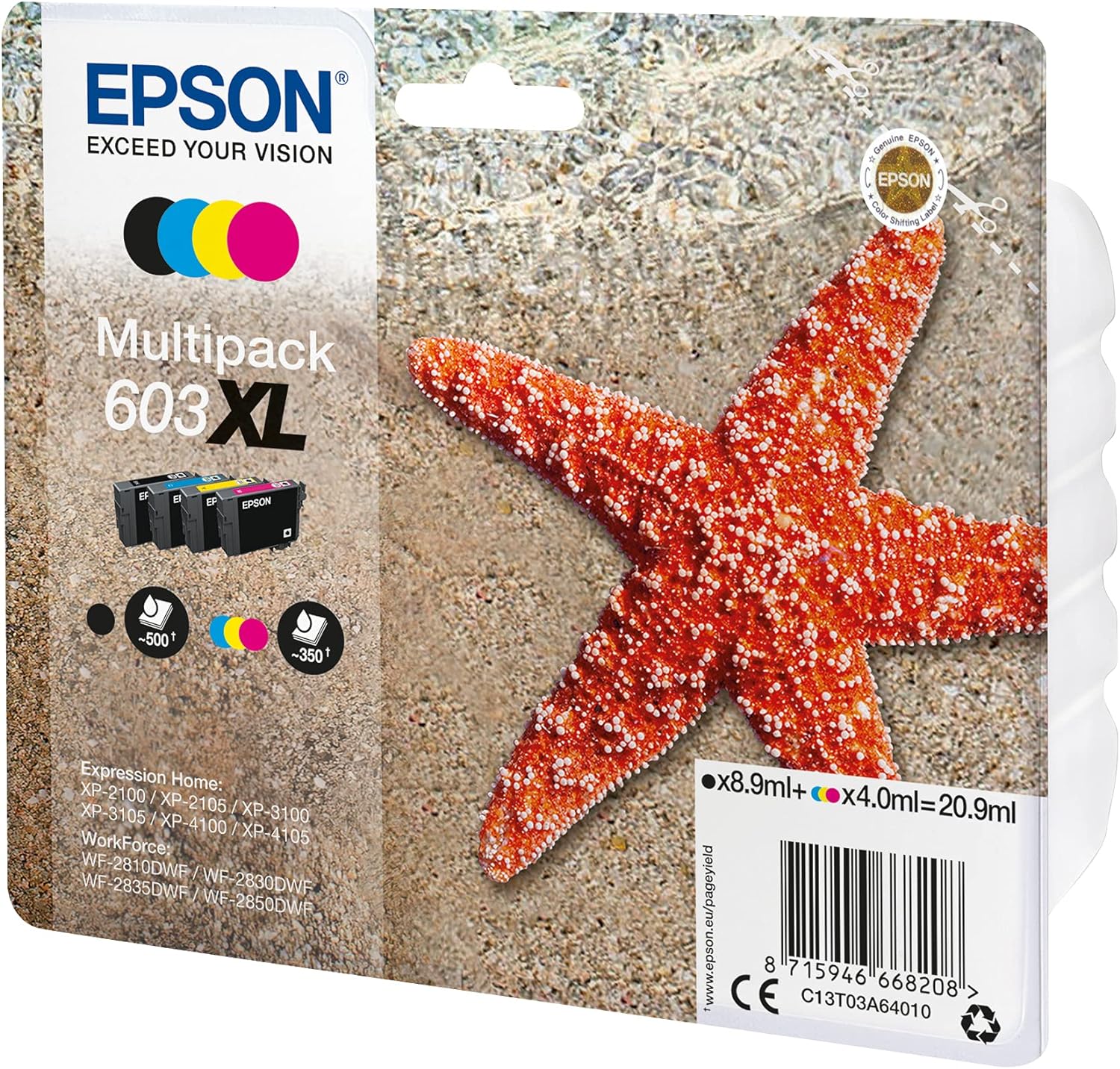 Epson Multipack 603XL Etoile de Mer, Cartouches d'encre d'origine XL Haute capacité, 4 couleurs : Noir, Cyan, Magenta, Jaune, XP-2100 XP-2150 XP-3100 XP-3150 XP-4100 WF-2810DWF WF-2820 WF-2830DWF