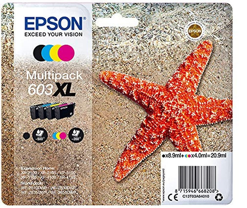 Epson Multipack 603XL Etoile de Mer, Cartouches d'encre d'origine XL Haute capacité, 4 couleurs : Noir, Cyan, Magenta, Jaune, XP-2100 XP-2150 XP-3100 XP-3150 XP-4100 WF-2810DWF WF-2820 WF-2830DWF