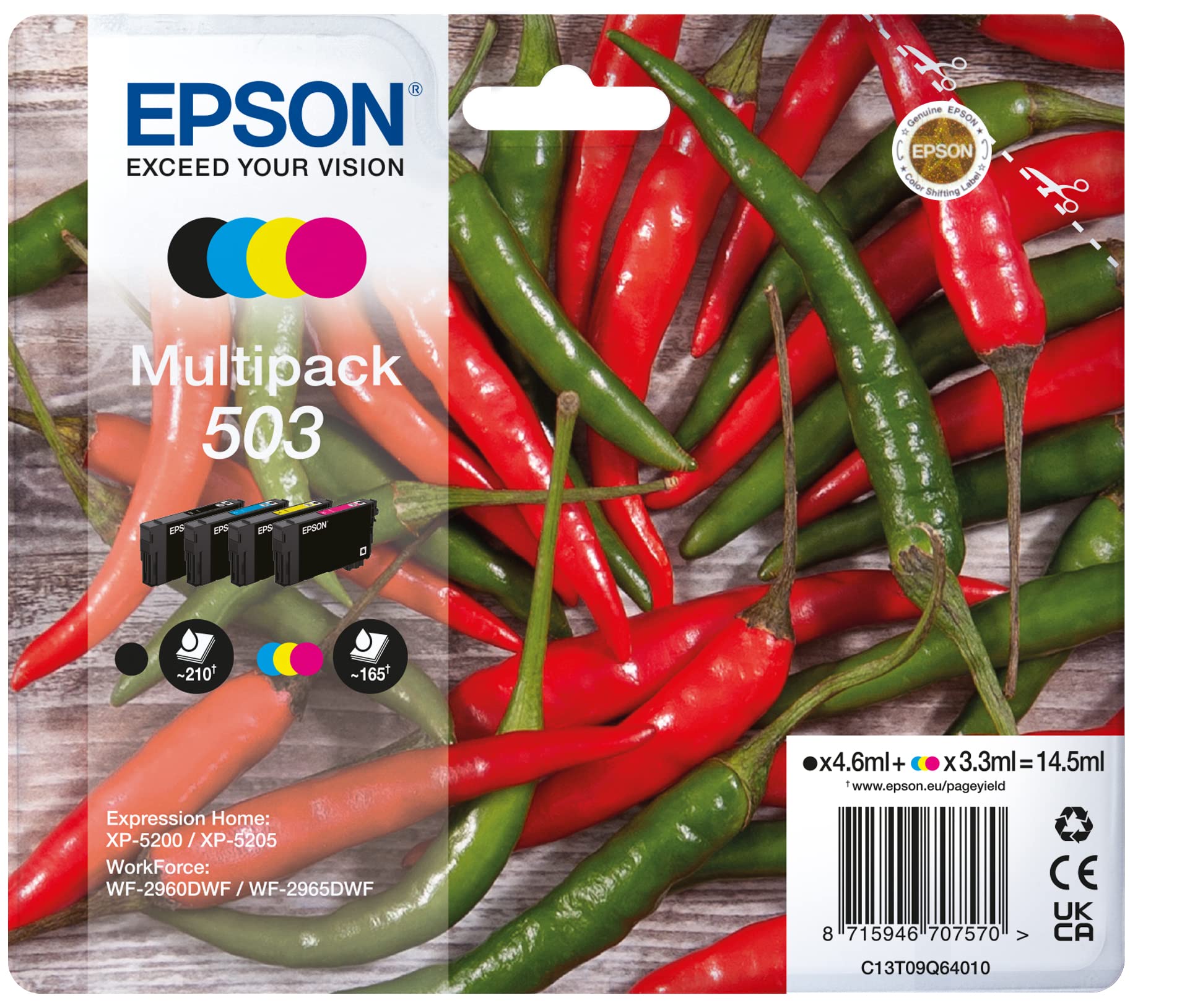 Epson 503 Serie Peperoncini - Cartucce per stampante getto d'inchiostro, Multipack 4 colori (Nero, Ciano, Magenta, Giallo), Formato STD, Stampe affidabili casa e ufficio, Confezione Retail