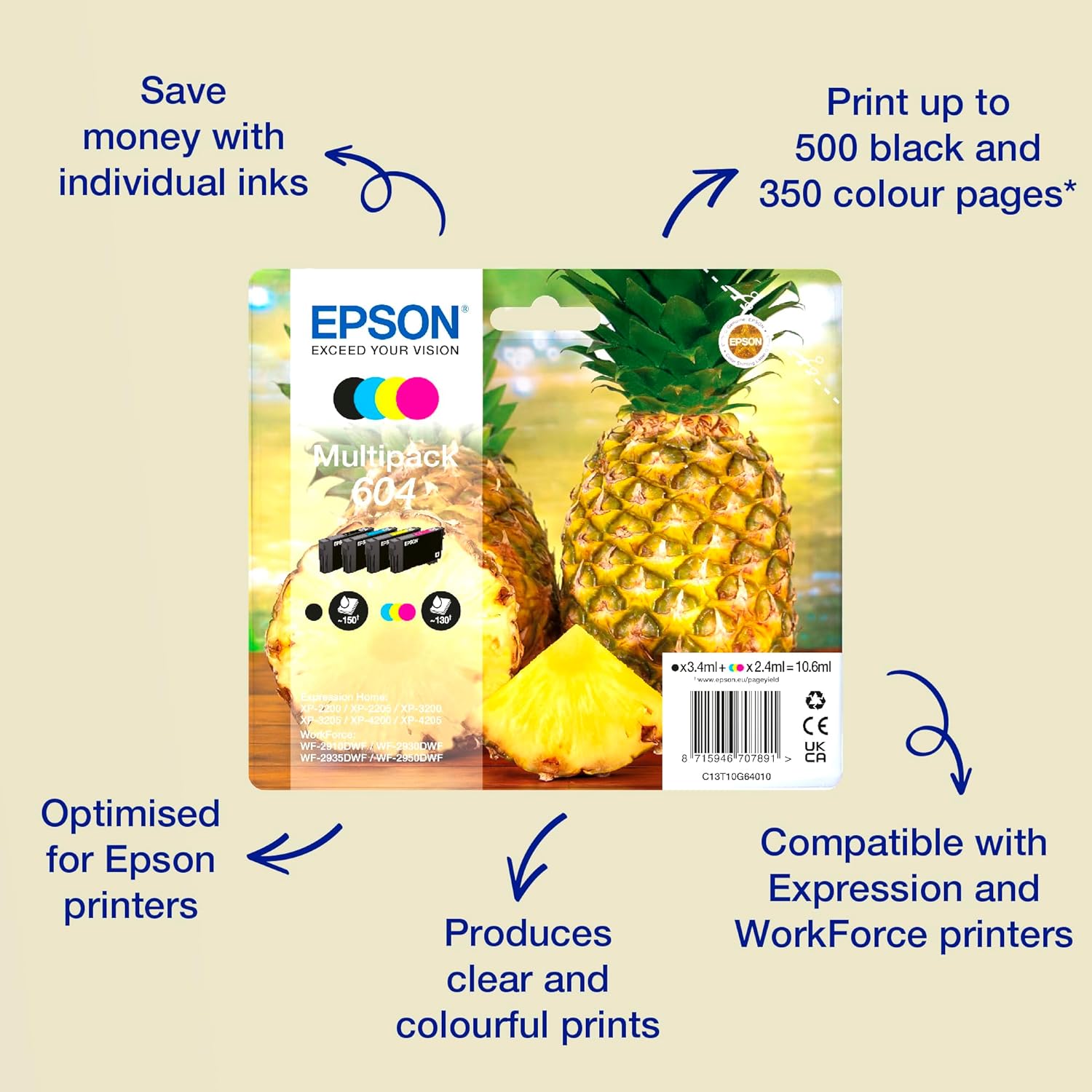Epson 604 Serie Ananas - Cartucce per stampante getto d'inchiostro, Multipack 4 colori (Nero, Ciano, Magenta, Giallo), Formato STD, Stampe affidabili casa e ufficio, Confezione EasyMail