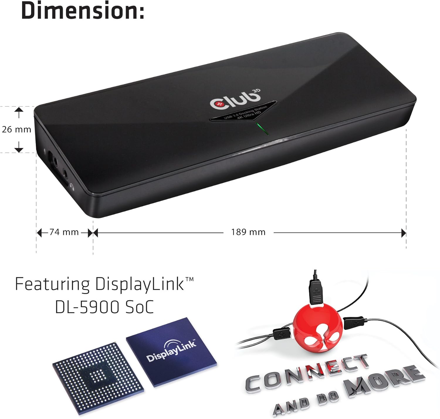 Club 3D 4K Dual Display Docking Station (HDMI, DisplayPort, DVI 3x USB 3.0) Black
