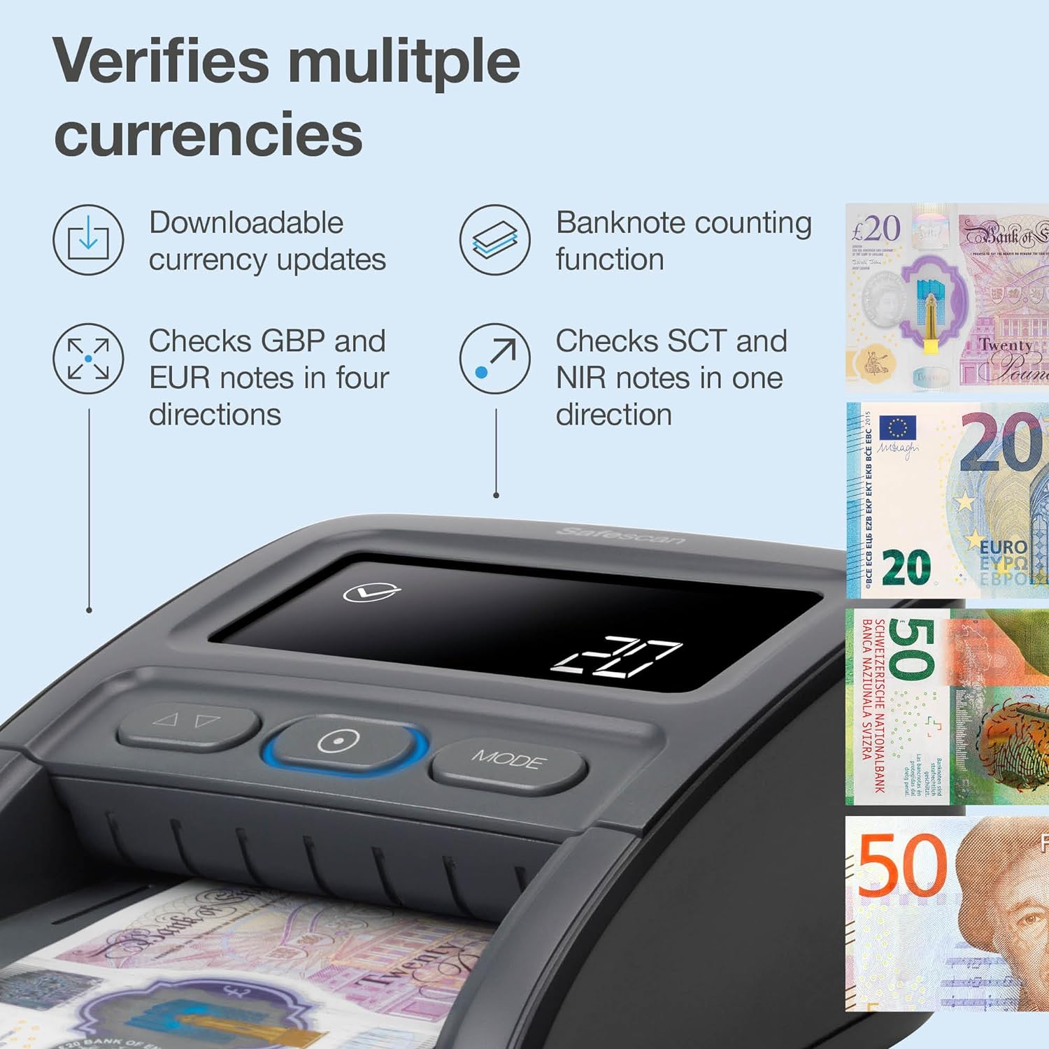 Safescan 155-S — Automatischer Falschgelddetektor, der Banknoten an vier Positionen mit einer Genauigkeit von 100% verifiziert — Für mehrere Währungen, 112-0668, 26.6 x 20.6 x 10 cm
