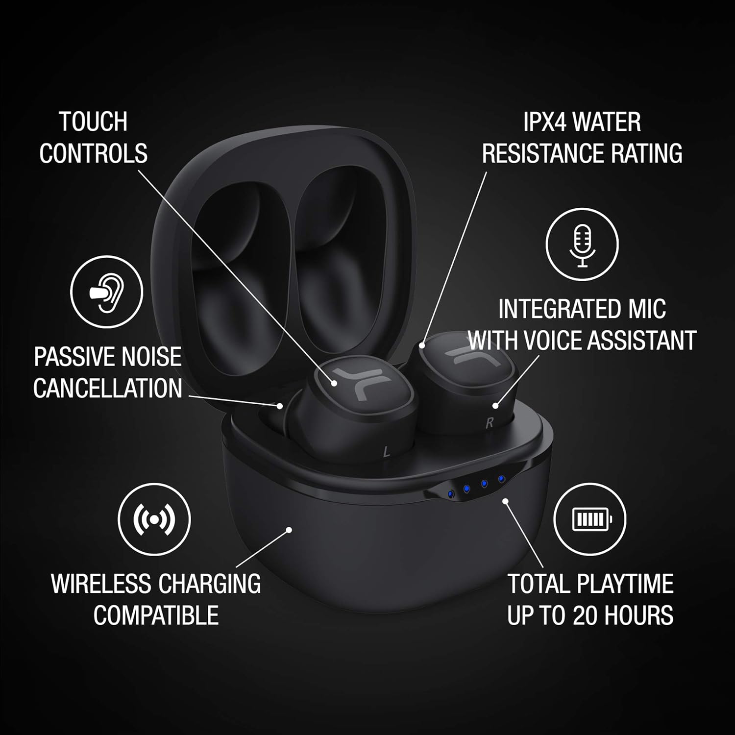 WESC True Wireless Headphones, Bluetooth Earphones with LED Wireless Charging Case, 20Hrs Playtime, Touch Control, IPX4 Water Resistant Earbuds - Black