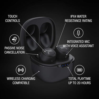 WESC True Wireless Headphones, Bluetooth Earphones with LED Wireless Charging Case, 20Hrs Playtime, Touch Control, IPX4 Water Resistant Earbuds - Black