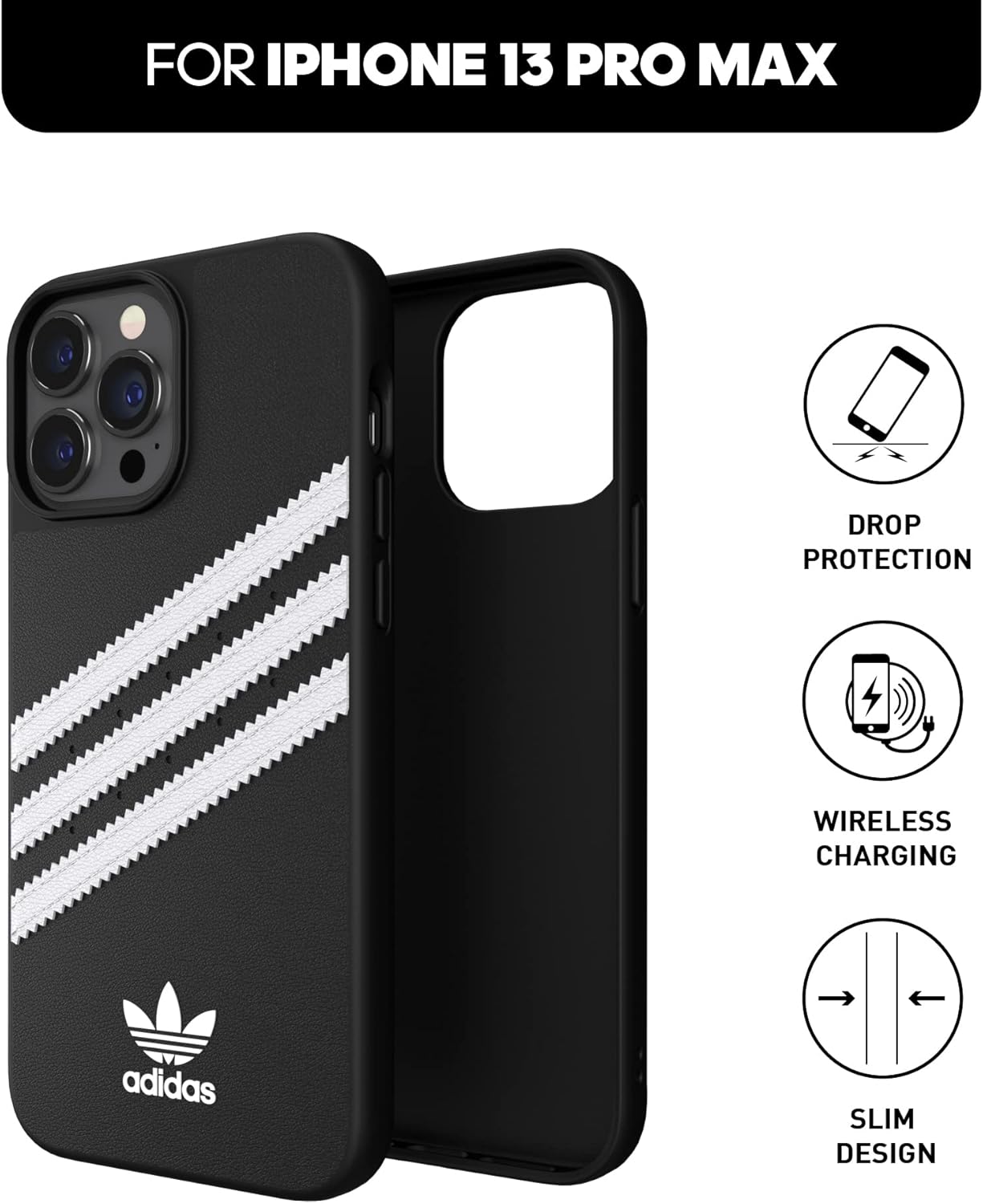 adidas Case Designed for iPhone 13 Pro Max 6.7, Drop-Tested Cases, Shockproof Raised Edges, Original Snap Case Protective Case, Black with White Stripes