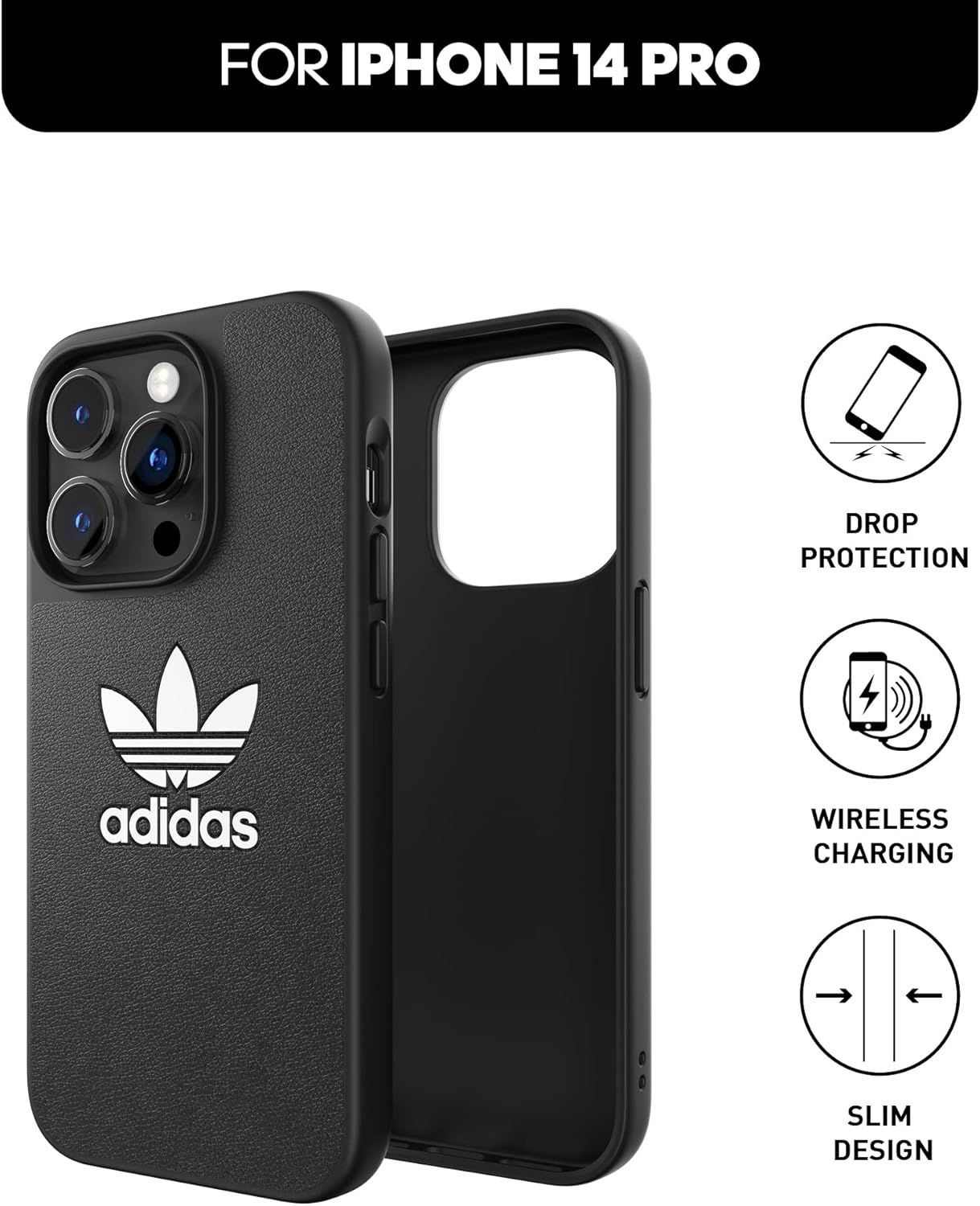 adidas Custodia progettata per iPhone 14 Pro | Protezione antiurto | Compatibile con ricarica wireless | 6,1 pollici nero e bianco trifoglio | Custodia protettiva originale