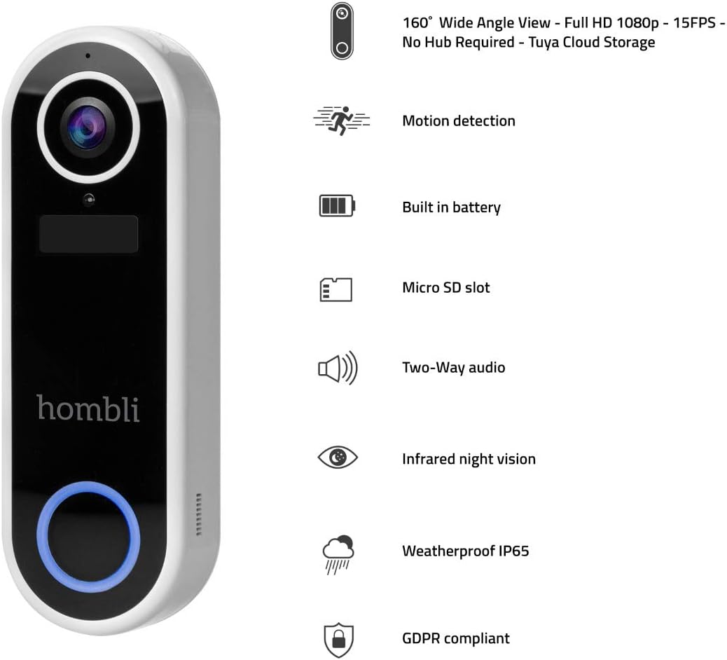 Hombli Smart doorbell (Full HD 1080p camera, 160 degree wide angle view, night vision mode, control via associated free Hombli app, voice control command via Alexa, Google Assistant & Siri