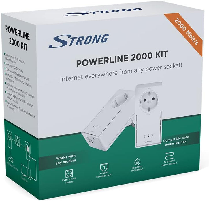 STRONG Powerline 2000 Kit Network Adapter (up to 2000 Mbit Duo/S, Integrated Socket, Fast Ethernet LAN, Powerlan) White POWERL2000DUOEU