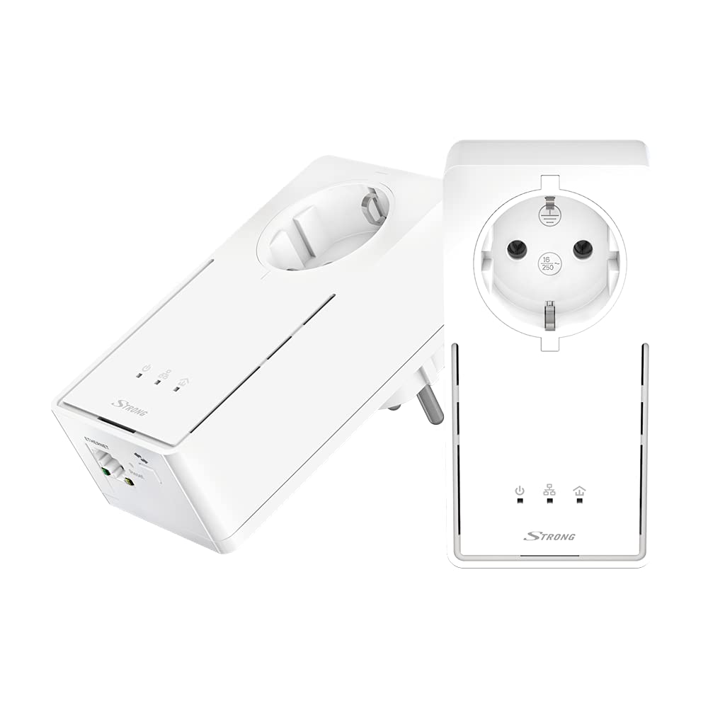 STRONG Powerline 2000 Kit Network Adapter (up to 2000 Mbit Duo/S, Integrated Socket, Fast Ethernet LAN, Powerlan) White POWERL2000DUOEU