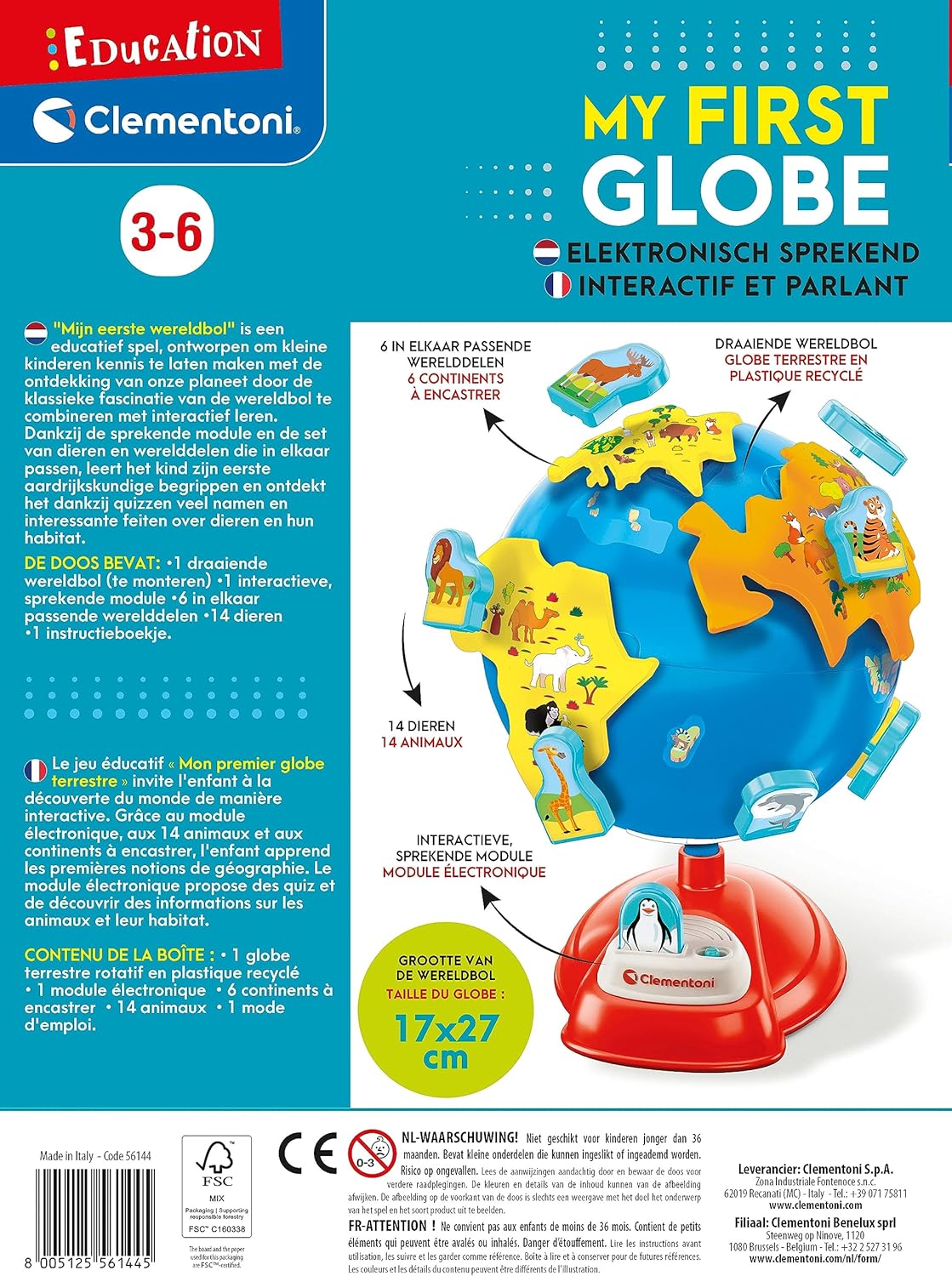 Clementoni - 56144 - Education - My First Globe - Interactive Globe For Children 3 Years, French Language, Dutch Language, Educational Globe, Learning Geography, Made in Italy