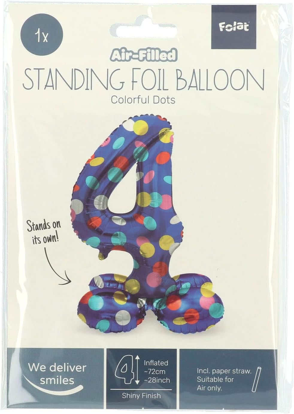 Folat 63974 Luftballon Geburtstag Stehender Ziffer 4 Colorful Dots Blau mit farbigen Punkten 72 cm-Decoration Geburtstagdeko, Ballon Zahl, Kein Helium erforderlich, Bunt Zahl 4