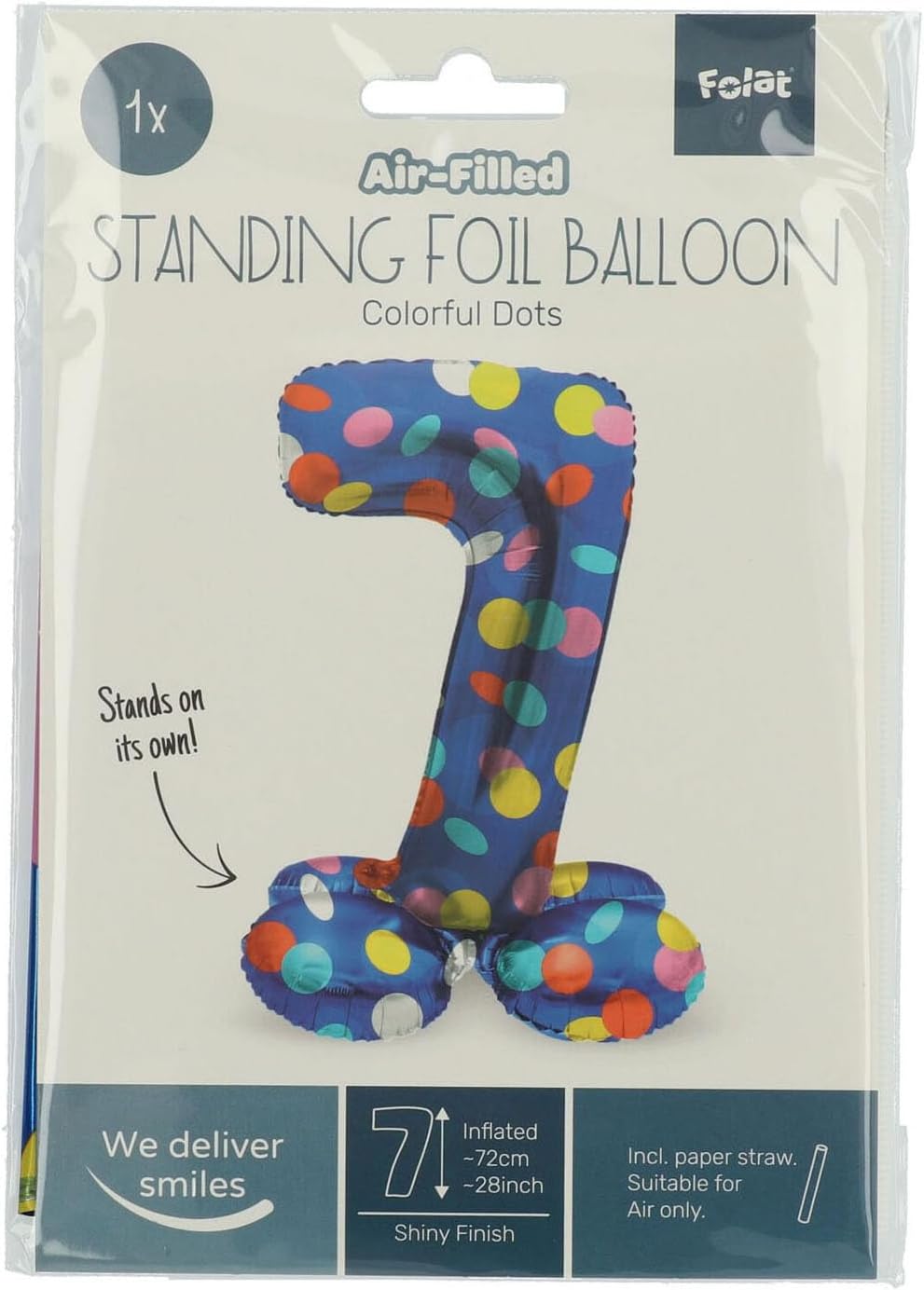 Folat 63977 Luftballon Geburtstag Stehender Ziffer 7 Colorful Dots Blau mit farbigen Punkten 72 cm-Decoration Geburtstagdeko, Ballon Zahl, Kein Helium erforderlich, Bunt Zahl 7
