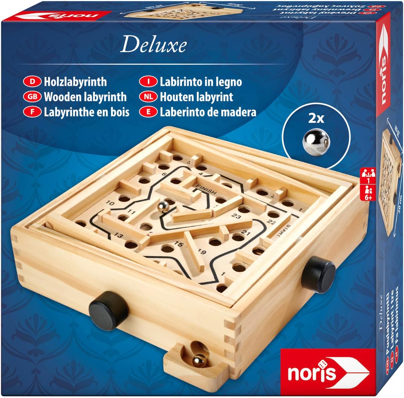 Noris- Simba Toys Lujo a Partir de 6 años, Laberinto de Madera (20 x 20 cm) con 2 Bolas, Juego de Habilidad para niños y Adultos, Color carbón (4000826004615