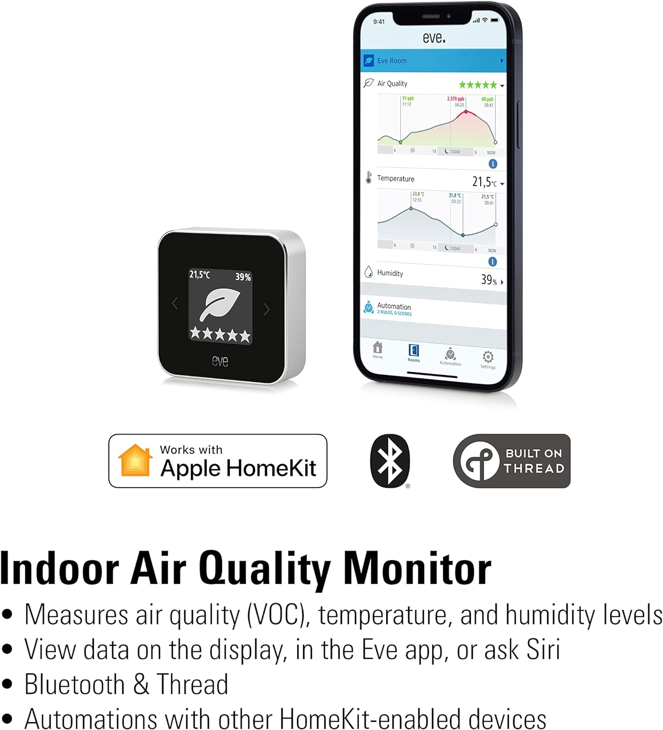 Eve Room - Indoor air quality sensor to monitor air quality (VOC), temperature & humidity, Apple HomeKit technology, Bluetooth, Thread