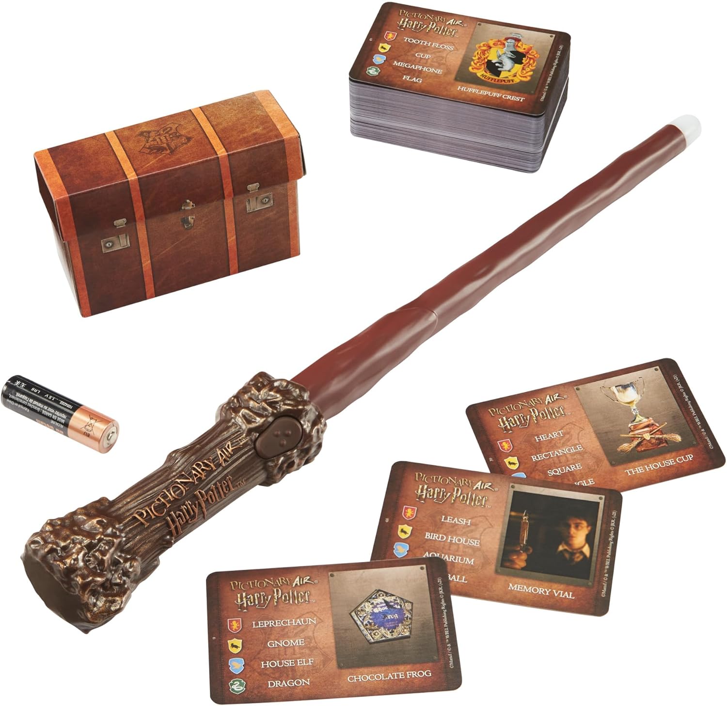 Mattel Games, Pictionary Air Harry Potter - Gioco per disegnare in aria con la penna a forma di bacchetta magica, 112 carte double-face con parole da indovinare, 8+ anni, Versione Italiana, HDC63