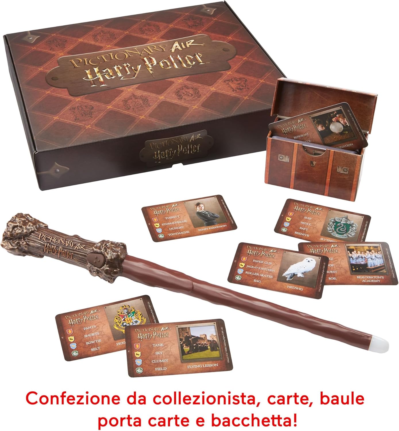 Mattel Games, Pictionary Air Harry Potter - Gioco per disegnare in aria con la penna a forma di bacchetta magica, 112 carte double-face con parole da indovinare, 8+ anni, Versione Italiana, HDC63