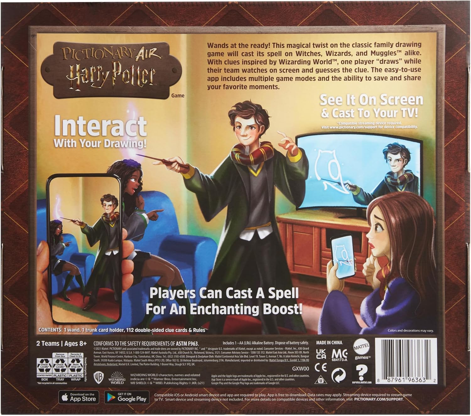 Mattel Games, Pictionary Air Harry Potter - Gioco per disegnare in aria con la penna a forma di bacchetta magica, 112 carte double-face con parole da indovinare, 8+ anni, Versione Italiana, HDC63