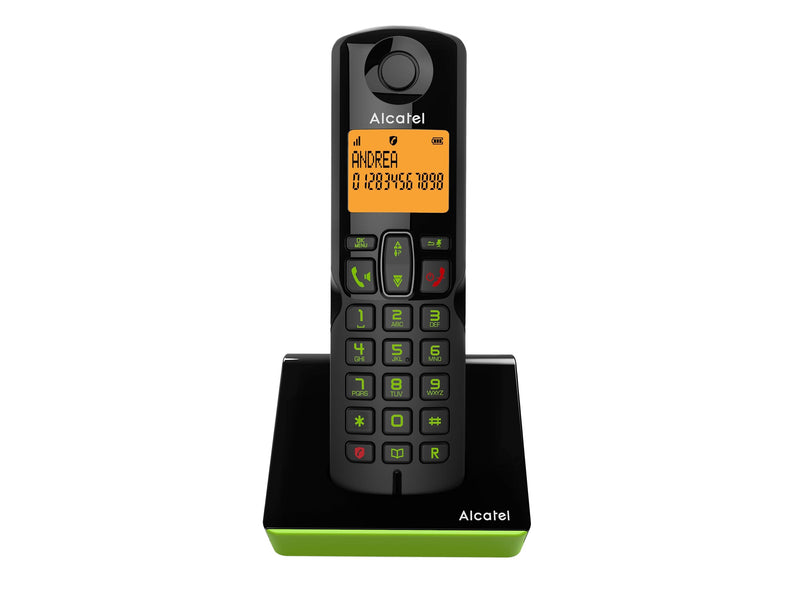 Alcatel S280 NERO/VERDE Telefono Cordless DECT con Blocco delle Chiamate Indesiderate, Ampio Display Retroilluminato Arancione, funzione Vivavoce, 3 Tasti di Memoria Diretta