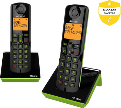 Alcatel S280 NERO/VERDE Telefono Cordless DECT con Blocco delle Chiamate Indesiderate, Ampio Display Retroilluminato Arancione, funzione Vivavoce, 3 Tasti di Memoria Diretta
