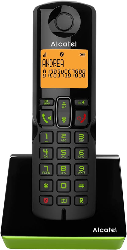 Alcatel S280 NERO/VERDE Telefono Cordless DECT con Blocco delle Chiamate Indesiderate, Ampio Display Retroilluminato Arancione, funzione Vivavoce, 3 Tasti di Memoria Diretta