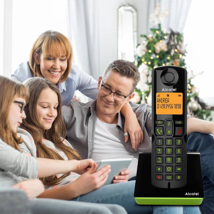 Alcatel S280 NERO/VERDE Telefono Cordless DECT con Blocco delle Chiamate Indesiderate, Ampio Display Retroilluminato Arancione, funzione Vivavoce, 3 Tasti di Memoria Diretta