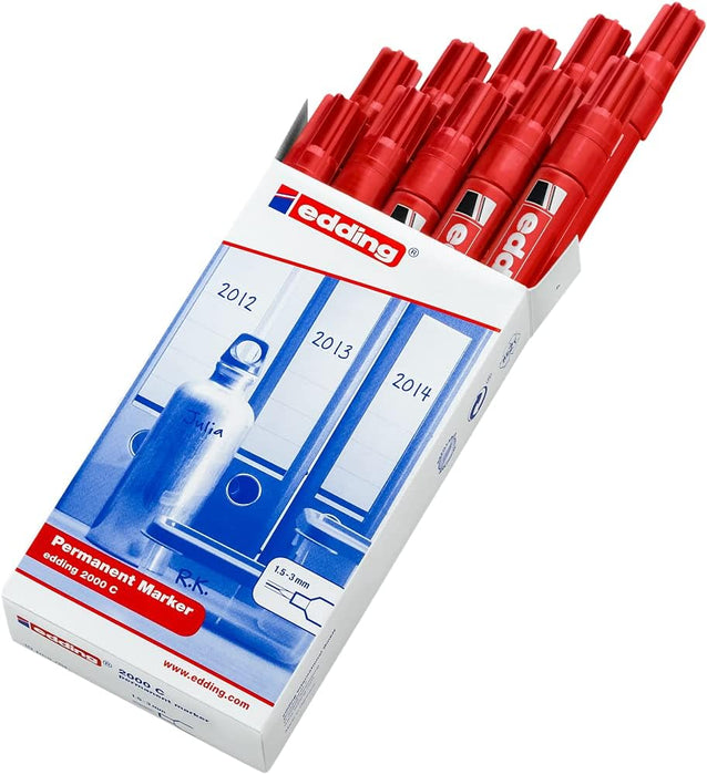 edding 2000 C permanent marker - red - box of 10 - round nib 1.5-3 mm - quick-drying permanent markers - waterproof, smudge-proof - for cardboard, plastic, wood, metal, fabric - marker pen