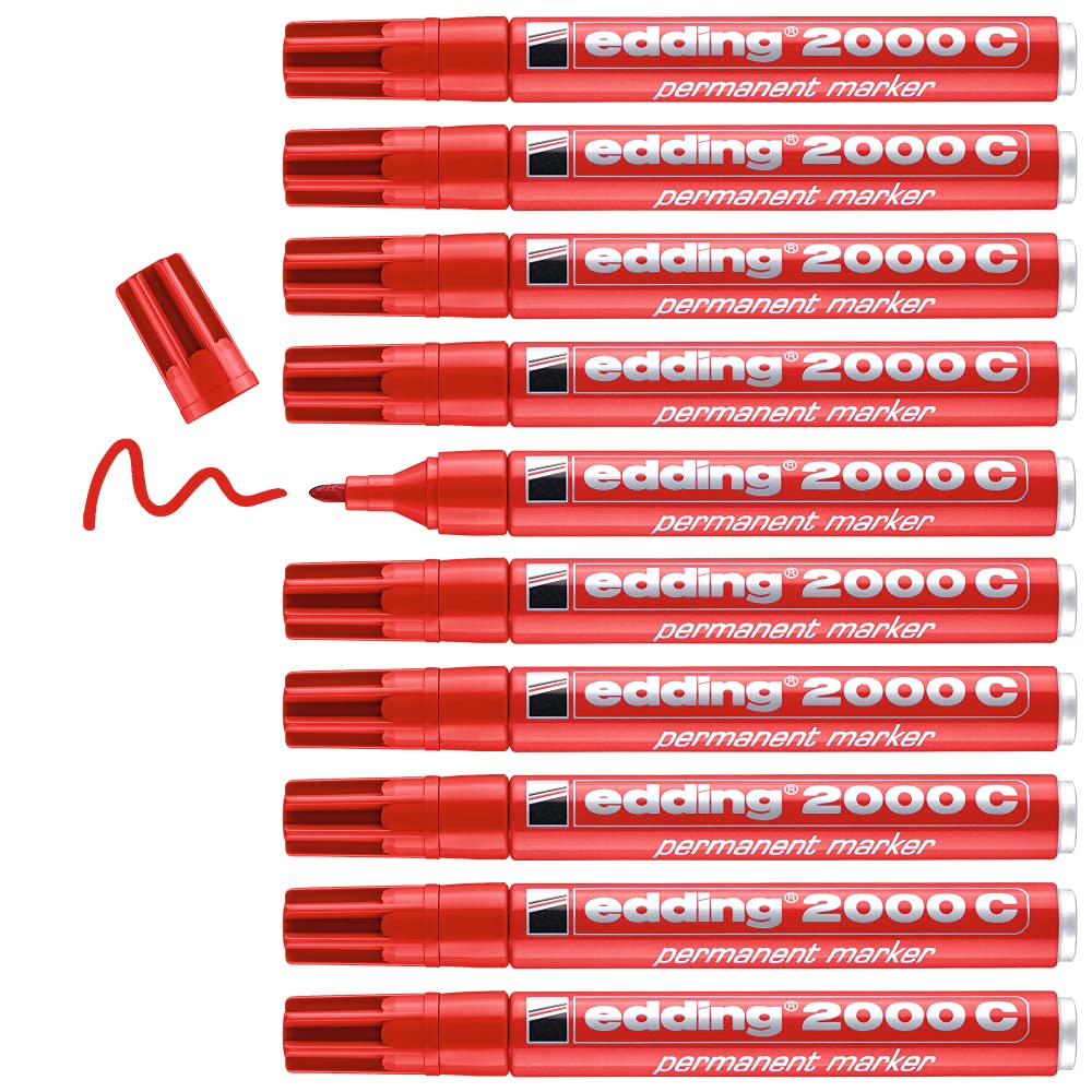 edding 2000 C permanent marker - red - box of 10 - round nib 1.5-3 mm - quick-drying permanent markers - waterproof, smudge-proof - for cardboard, plastic, wood, metal, fabric - marker pen