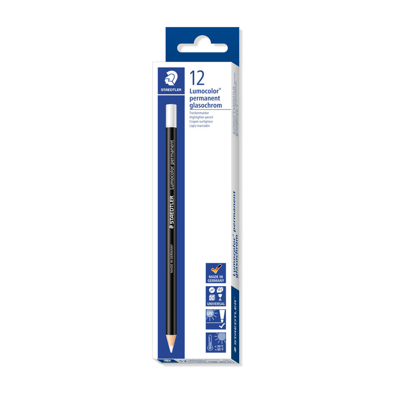 Staedtler 108 20-0 Lumocolor Glasochrom Permanent Dry-Marker Pencil - White (Box of 12