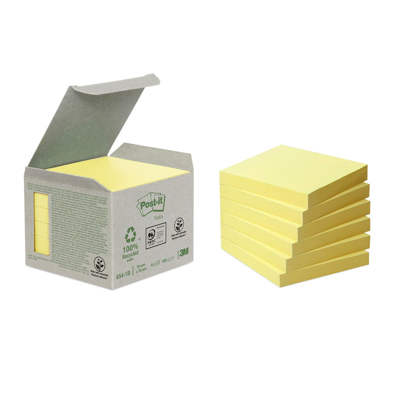 Post-it Recycling Notes Canary Yellow, Pack of 6 Pads, 100 Sheets per Pad, 76 mm x 76 mm, Yellow Color - Self-stick notes made from 100% recycled paper