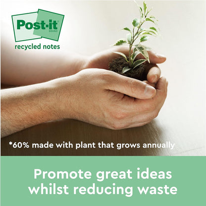 Post-it Recycling Notes Canary Yellow, Pack of 6 Pads, 100 Sheets per Pad, 76 mm x 76 mm, Yellow Color - Self-stick notes made from 100% recycled paper