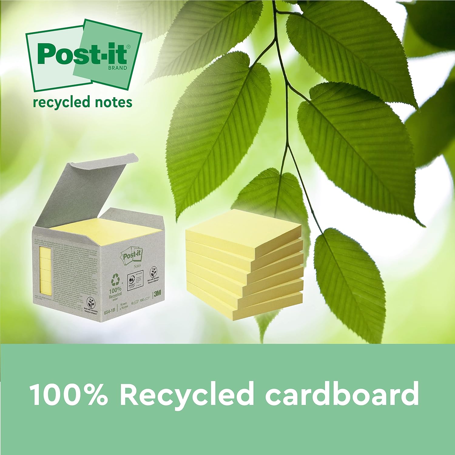 Post-it Recycling Notes Canary Yellow, Pack of 6 Pads, 100 Sheets per Pad, 76 mm x 76 mm, Yellow Color - Self-stick notes made from 100% recycled paper