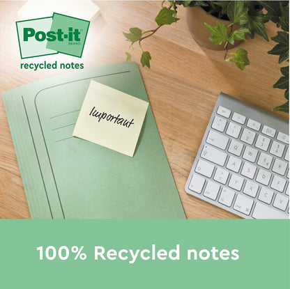 Post-it Recycling Notes Canary Yellow, Pack of 6 Pads, 100 Sheets per Pad, 76 mm x 76 mm, Yellow Color - Self-stick notes made from 100% recycled paper
