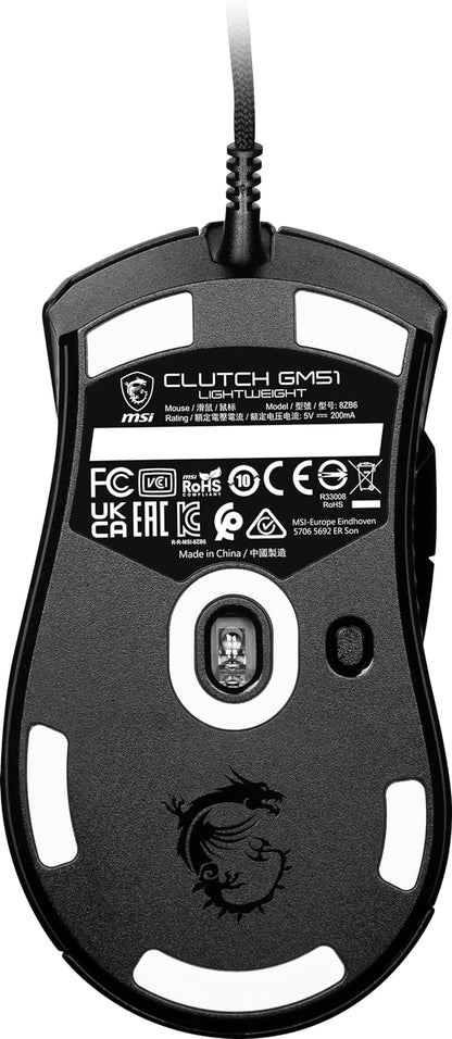 MSI CLUTCH GM51 LIGHTWEIGHT Gaming Mouse - RGB, upto 26000 DPI, 8K Hz Polling, 83g, Frixion Free Cable, Ergonomic design, OMRON Switches, NVIDIA REFLEX, MSI Center