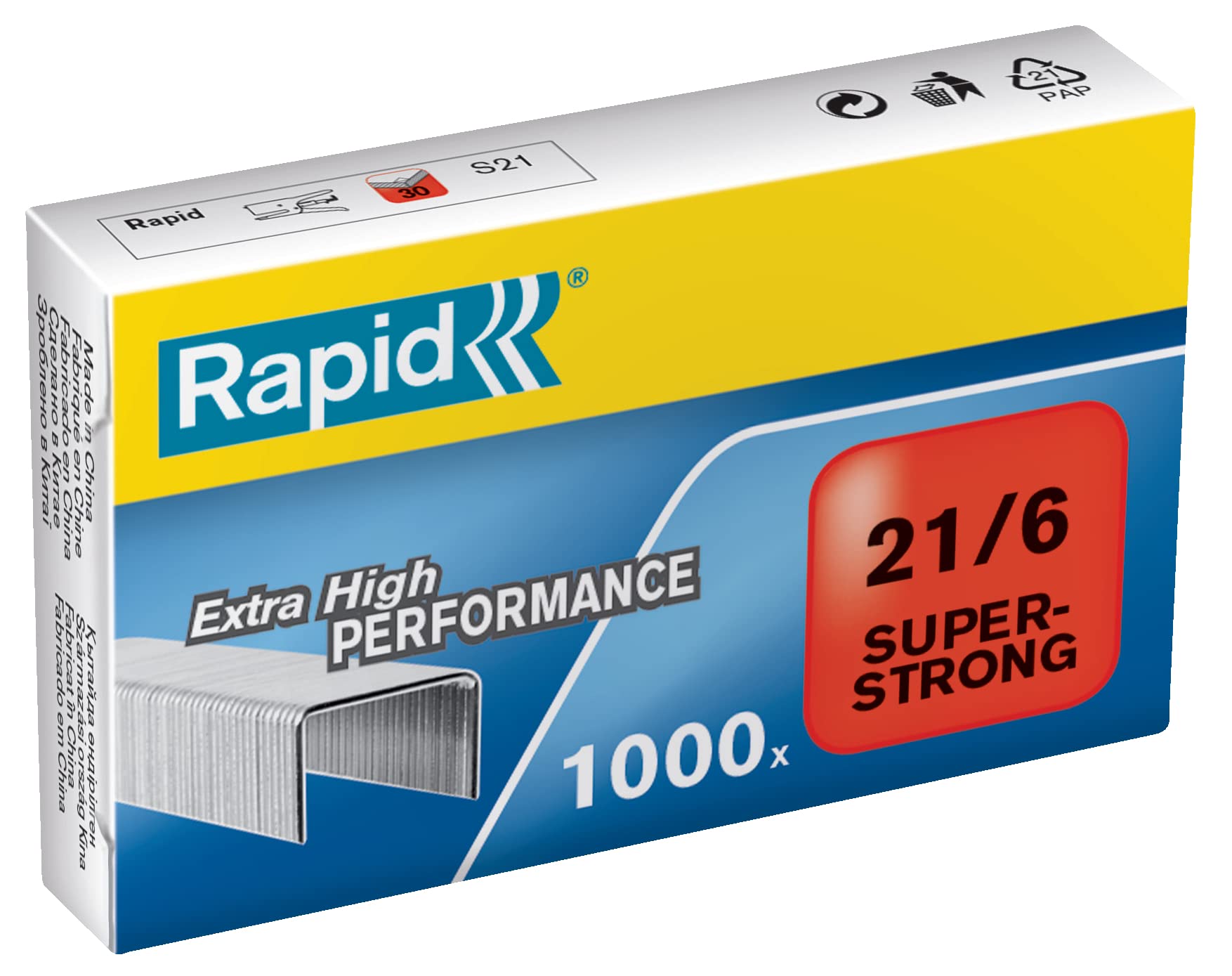 Rapid 21/6mm Super Strong Staples, For Stapling up to 30 Sheets, Use with Desktop Staplers and Pliers, Galvanised Wire, Box of 1000, 24867700