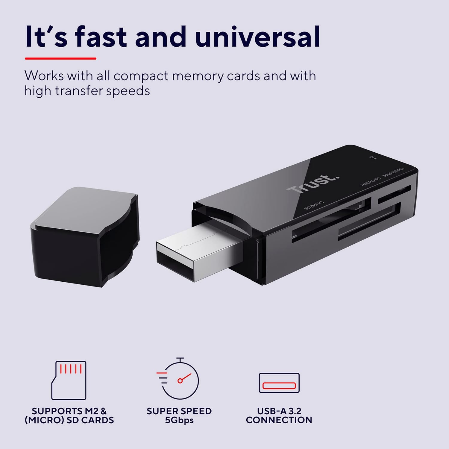 Trust Nanga Lector de Tarjetas SD/Micro SD, Adaptador USB 3.2, 5 Gbps, Compatible con Tarjetas de Memoria SD, M2 y microSD para PC, Computadora Portátil, Windows, MacOS