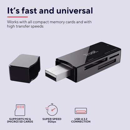 Trust Nanga Lector de Tarjetas SD/Micro SD, Adaptador USB 3.2, 5 Gbps, Compatible con Tarjetas de Memoria SD, M2 y microSD para PC, Computadora Portátil, Windows, MacOS