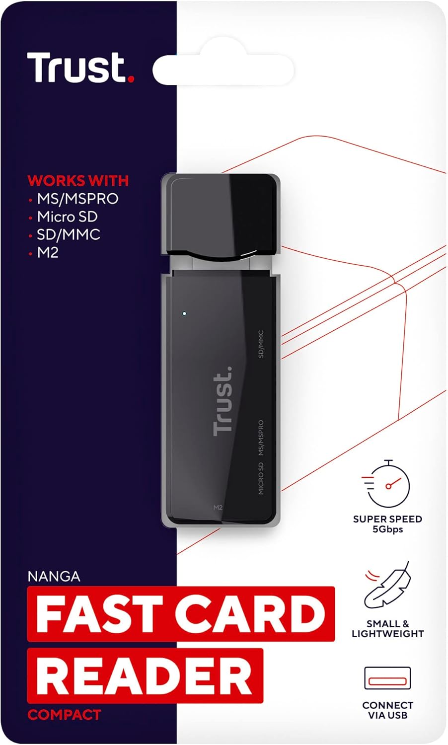 Trust Nanga Lector de Tarjetas SD/Micro SD, Adaptador USB 3.2, 5 Gbps, Compatible con Tarjetas de Memoria SD, M2 y microSD para PC, Computadora Portátil, Windows, MacOS