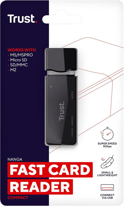 Trust Nanga Lector de Tarjetas SD/Micro SD, Adaptador USB 3.2, 5 Gbps, Compatible con Tarjetas de Memoria SD, M2 y microSD para PC, Computadora Portátil, Windows, MacOS