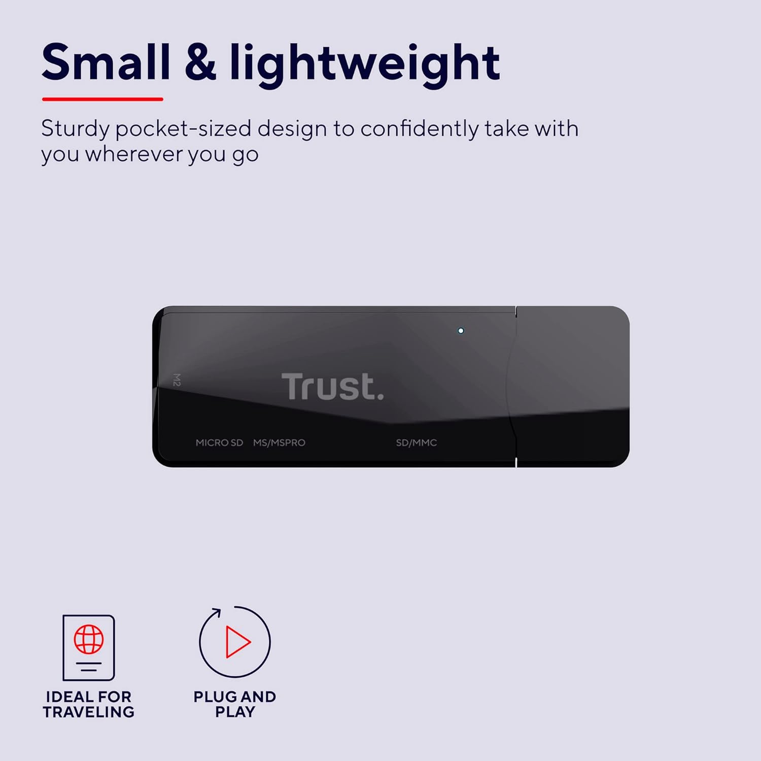 Trust Nanga Lector de Tarjetas SD/Micro SD, Adaptador USB 3.2, 5 Gbps, Compatible con Tarjetas de Memoria SD, M2 y microSD para PC, Computadora Portátil, Windows, MacOS