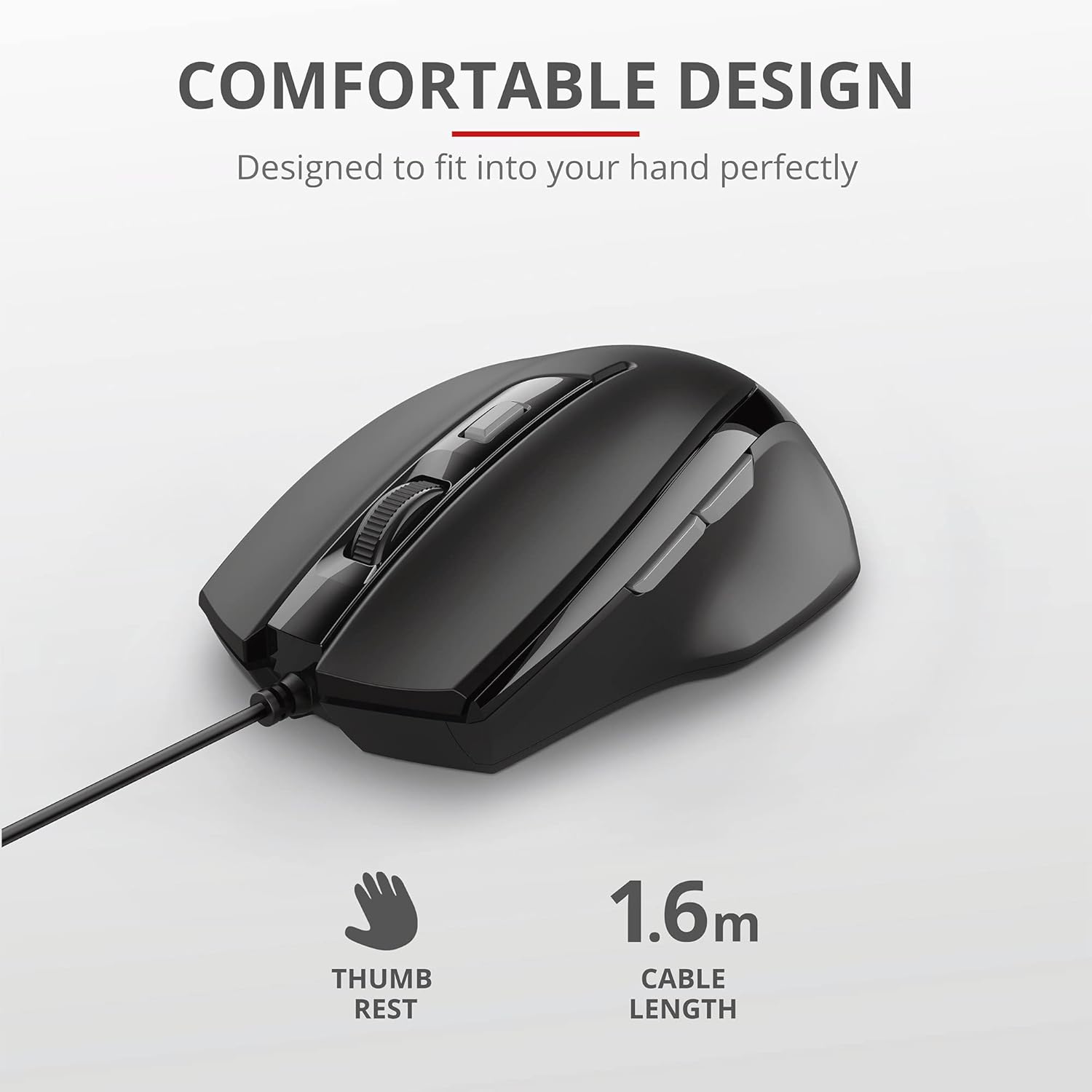 Trust 23650 Voca Comfort Mouse (Wired, 800, 1200, 1600 or 2400 DPI) Black
