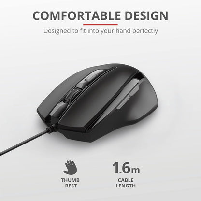 Trust 23650 Voca Comfort Mouse (Wired, 800, 1200, 1600 or 2400 DPI) Black