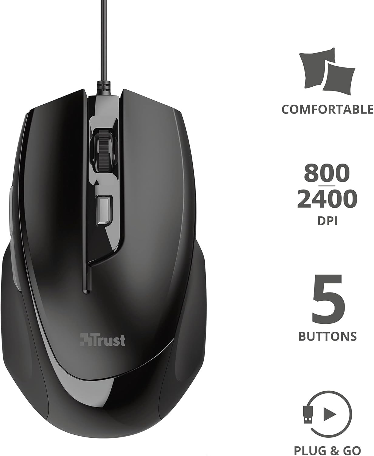 Trust 23650 Voca Comfort Mouse (Wired, 800, 1200, 1600 or 2400 DPI) Black