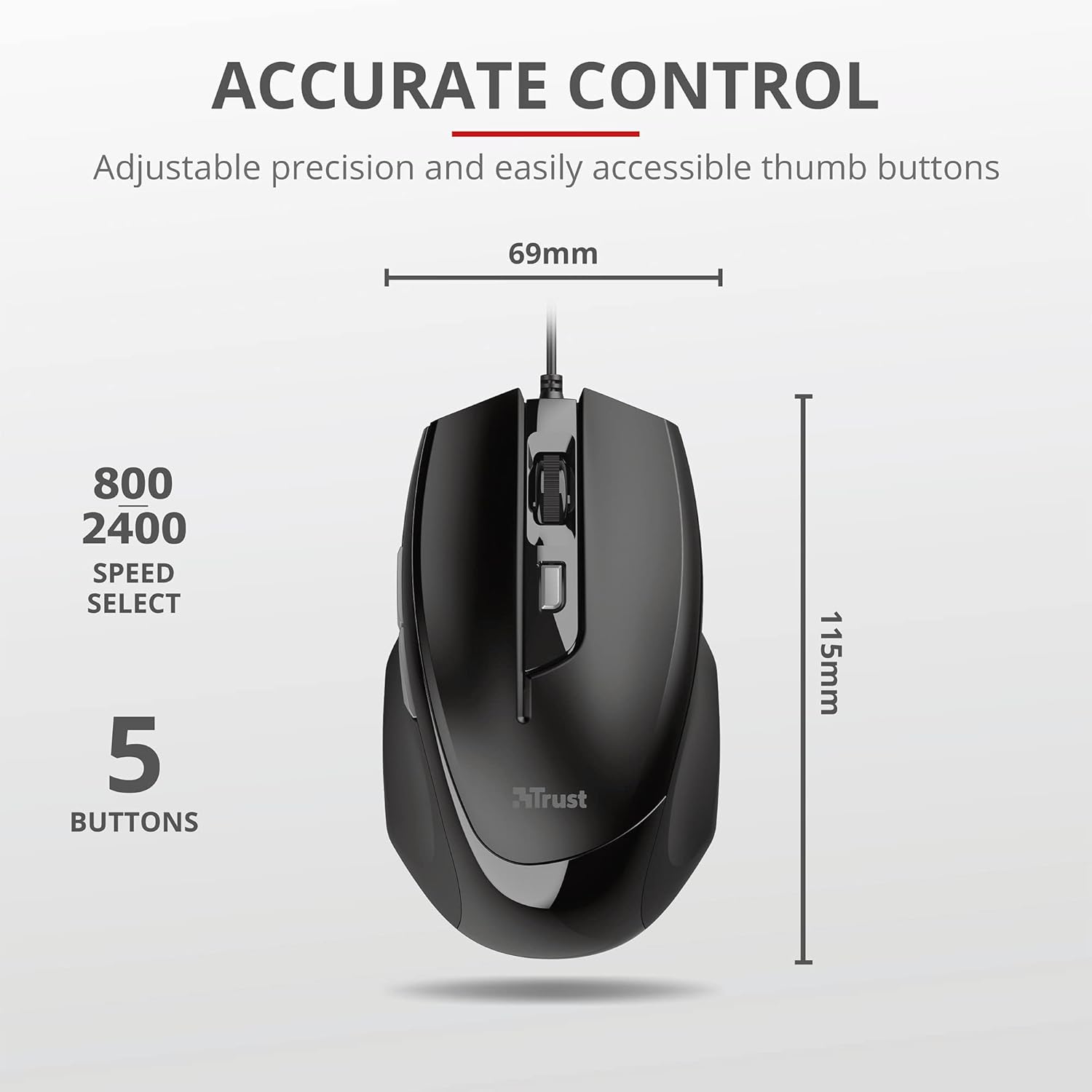Trust 23650 Voca Comfort Mouse (Wired, 800, 1200, 1600 or 2400 DPI) Black