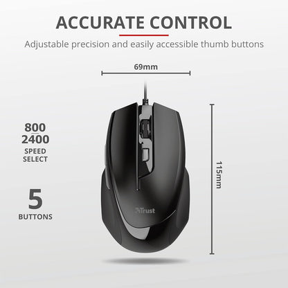 Trust 23650 Voca Comfort Mouse (Wired, 800, 1200, 1600 or 2400 DPI) Black