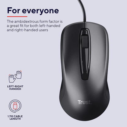 Trust 23733 Carve Wired USB Mouse (3 Buttons and Scroll Wheel, 1200 DPI, Right and Left Hand Use, PC/Laptop, Windows, Chrome OS, Mac OS) Black
