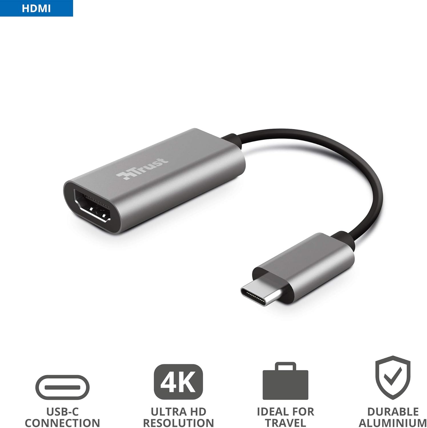 Trust Dalyx USB-C to HDMI Adapter, HDR and HDMI 2.0 (4k 60Hz), Connect Laptop to External HDMI Monitor or TV, MacBook, PC, Laptop, Chromebook