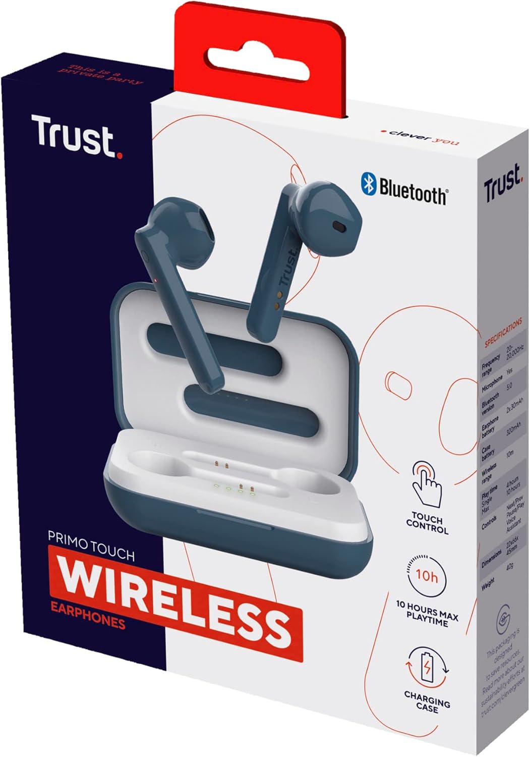 Trust Mobile Primo Touch Bluetooth Wireless Earphones, In Ear Headphones, On-trend Design, Up to 10 Hours Playtime, Built-in Microphone, TWS, Earbuds for Android, Chrome OS, iOS, Windows